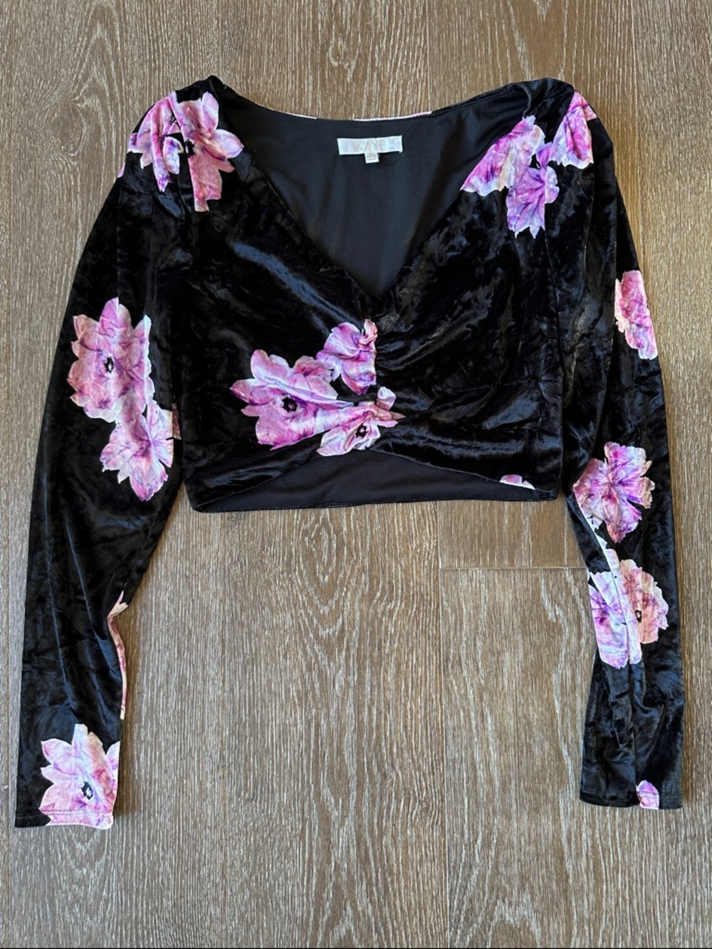 WAYF Velvet tFloral Wrap Crop Top - Black with Pink Flowers